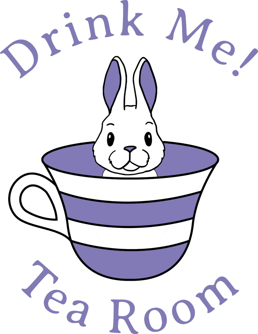 A purple and white bunny in a cup with the words " drink me to death ".