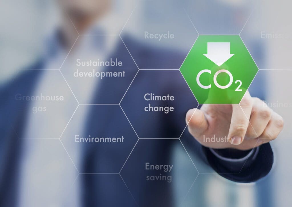 A person touching an image of the word co 2