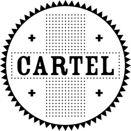 A circular black emblem with a dotted background, the word CARTEL in bold capital letters across the center, and small plus signs surrounding the text. The outer edge has a jagged, gear-like border.
