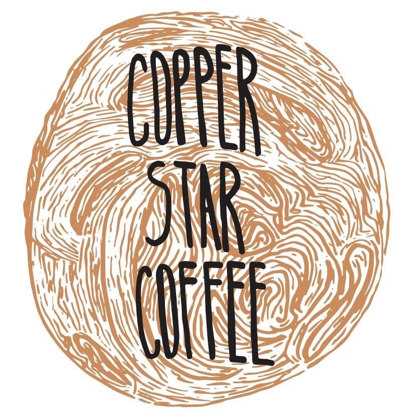 Copper Star Coffee logo featuring hand-drawn, swirling brown lines in a circular pattern with Copper Star Coffee written in bold, black, uppercase letters across the center.