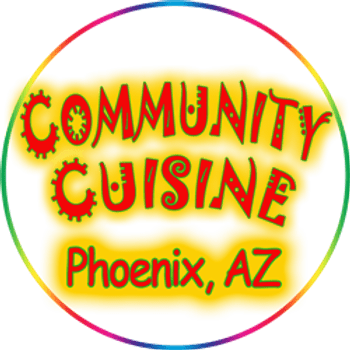 Logo with Community Cuisine in red whimsical font on a yellow background, surrounded by a rainbow-colored oval. Below, “Phoenix, AZ” is written in red.