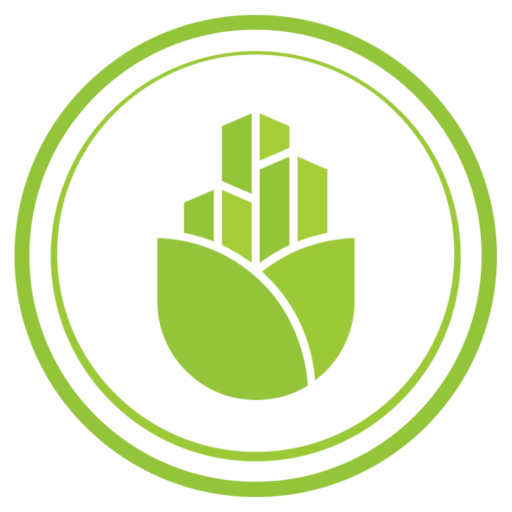 recycled city site icon, 2 green circles with a green building growing out of two leaves