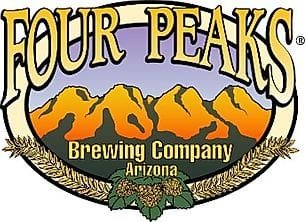 Logo for Four Peaks Brewing Company featuring bold yellow text over an illustration of four orange mountain peaks, with “Brewing Company Arizona” below, framed by wheat and hops.