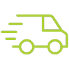 Simple green outline of a delivery van with motion lines behind it, suggesting fast movement or express delivery, on a black background.