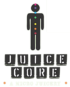 Logo for Juice Core, a micro juicery, featuring a stylized human figure with seven colored dots along the bodys center, representing chakras, on a green background.