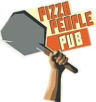 Illustration of a hand holding up a pizza peel, with the words Pizza People Pub in bold orange letters above.