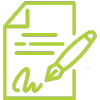 A green icon of a pen signing a document with lines of text and a signature at the bottom, symbolizing signing paperwork or contracts.