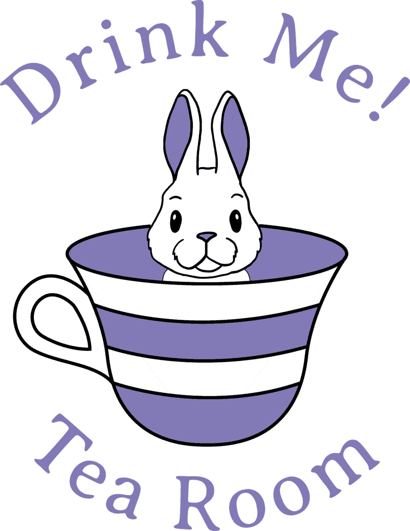 A smiling white rabbit with upright ears sits inside a purple and white striped teacup. The words Drink Me! Tea Room are written in a curved font above and below the cup.