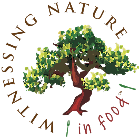Illustration of a leafy tree with the words “HARNESSING NATURE WITH in food” curved around it. A fork and spoon form part of the in food text at the bottom right.