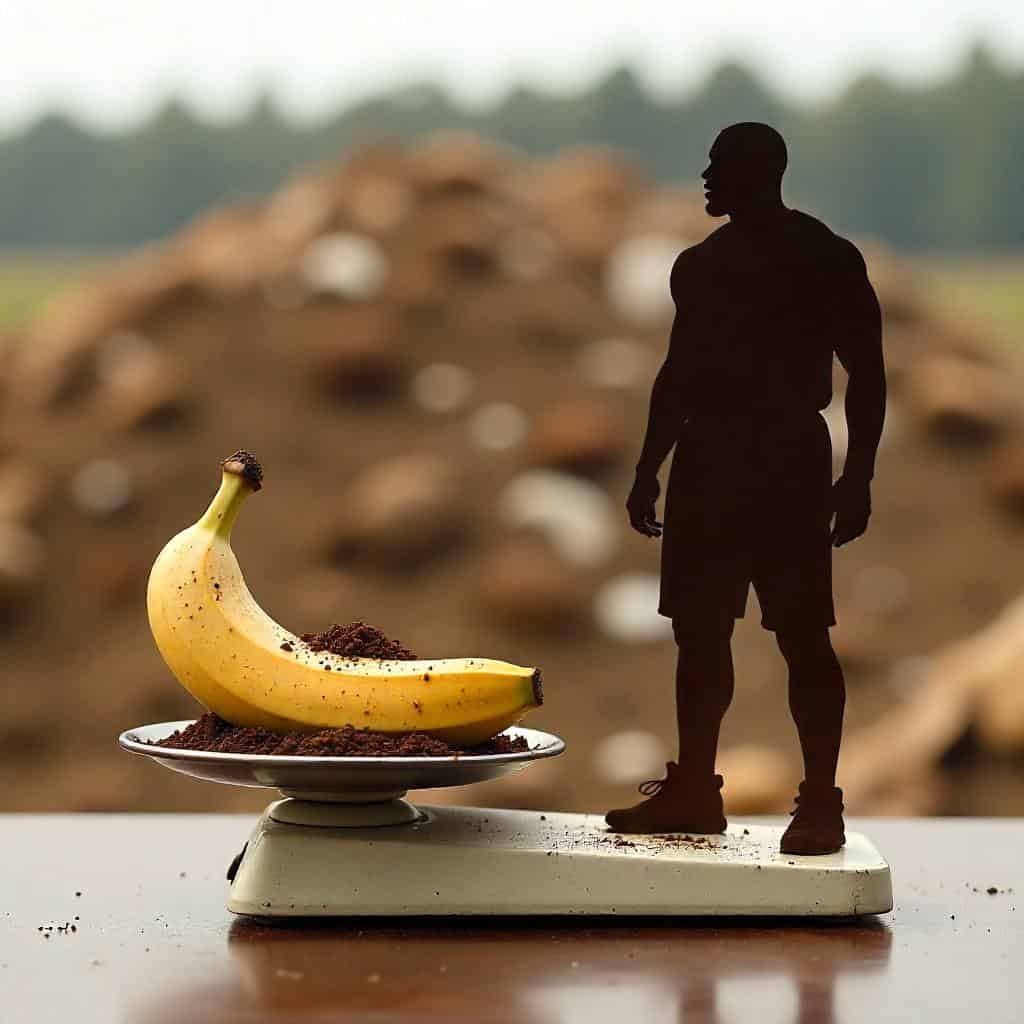 A metal silhouette of a muscular man stands on a vintage scale beside a banana and a pile of coffee grounds, outdoors with a blurred dirt mound in the background.
